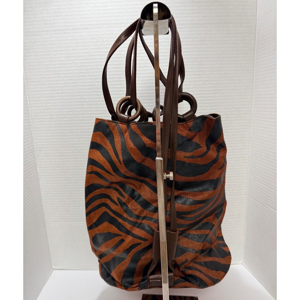 Alfredo Picchi Bucket Bag Zebra‎ Woven Leather Trim Boho Y2K Safari Quiet Luxury - Picture 3 of 11